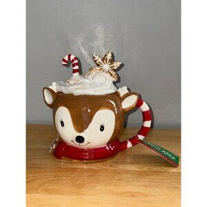 Reindeer Christmas Ceramic Lid Mug With Whipped Cream & Candy Cane15 Oz Topper